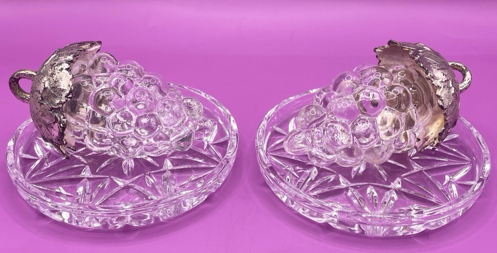 Vintage Glass Grapes Salt & Pepper Shakers With Glass Plates